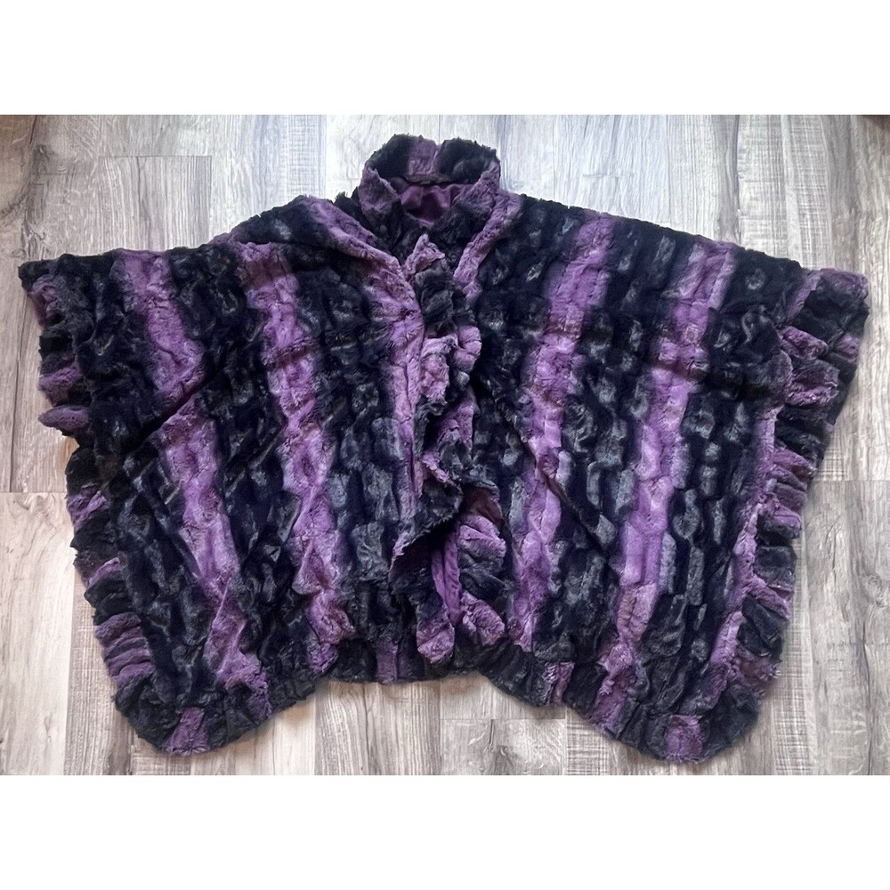Adrienne Landau One Size Purple Black Stripe Faux Fur Swing Poncho Wrap Pockets